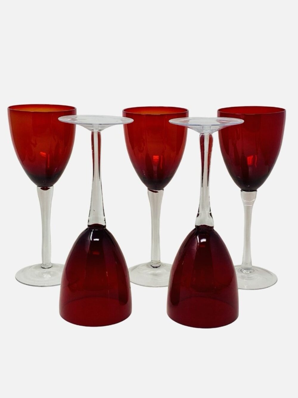 Set Of 5 Vintage Ruby Red Wine Glasses Hand Blown Clear Long Stems 9” Tall